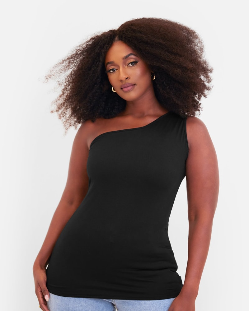 Side of a model wearing a size 4X Essential One Shoulder Sleeveless Top in Black by Rebdolls. | dia_product_style_image_id:321300